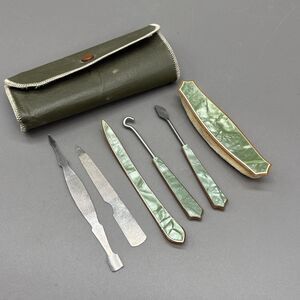 Antique Manicure Pedicure Set Celluloid Tools Fabric Roll Case 1920s-30s